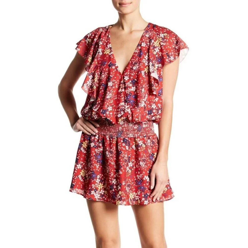 Parker Red Scilla Floral Ruffle Smocked Waist Mini Dress M NWT - Picture 1 of 11
